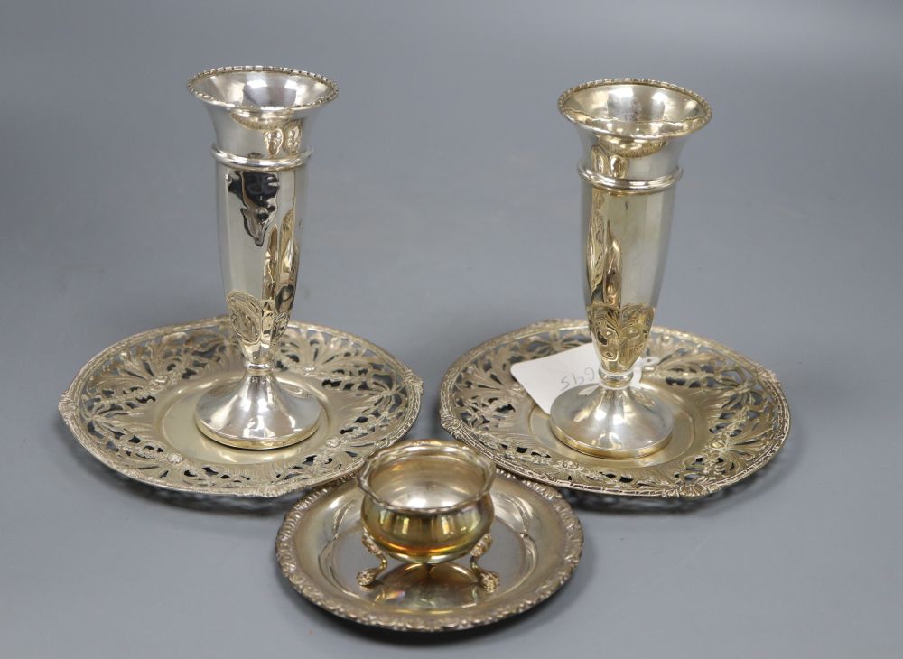 Three sterling small dishes/stands including a pair, a pair of spill vases and a condiment, 9.5 oz.